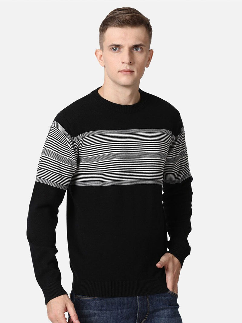 T-Base Men Black & White Striped Pure Cotton Pullover