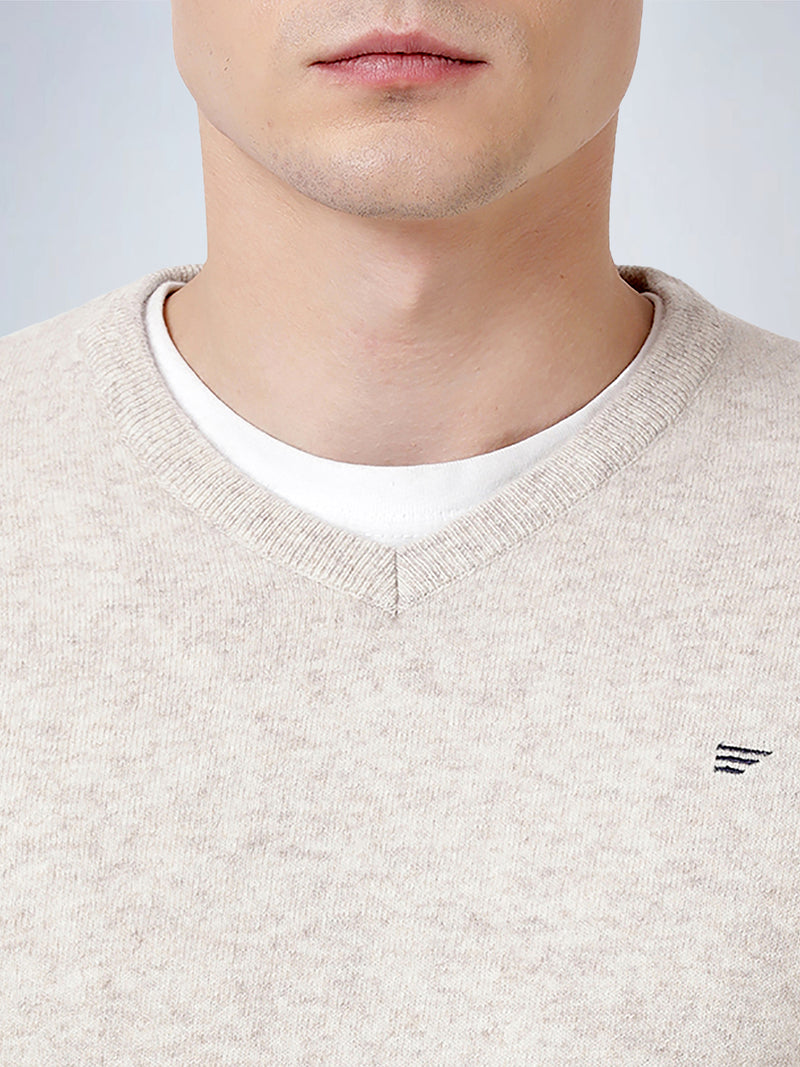 V Neck Lambswool Ecru Full Sleeve Pullover