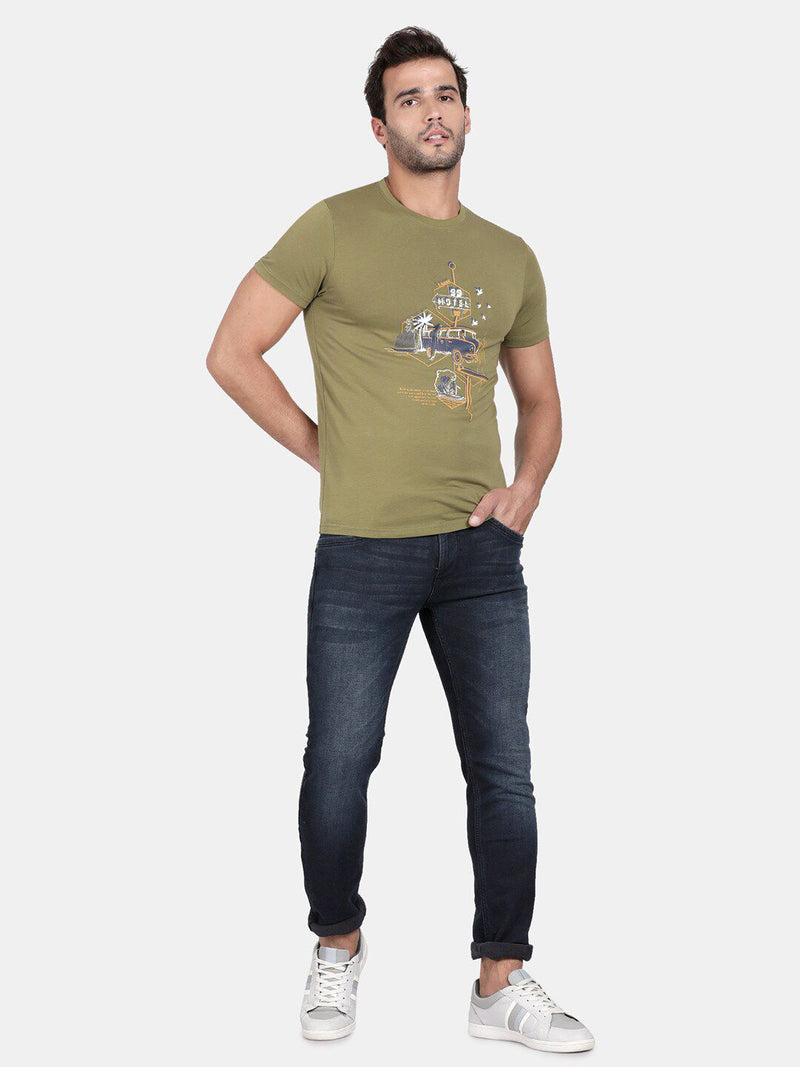 T-Base Men Green Printed T-Shirt