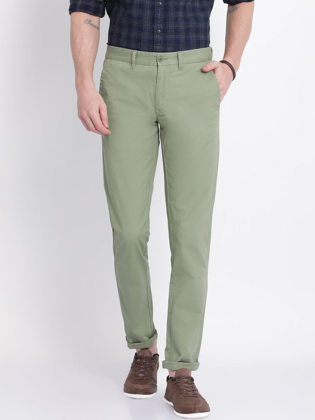 T-Base Men Green Easy Wash Trousers