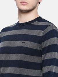 T-Base Men Navy Blue & Grey Striped Sweater