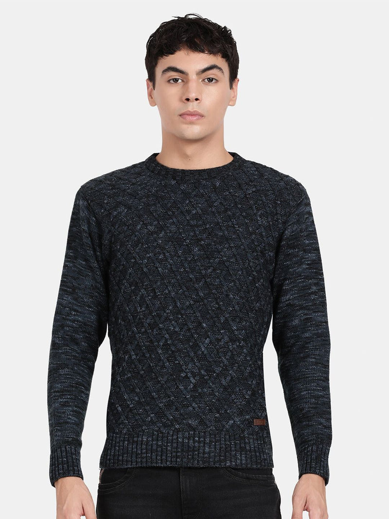 T-Base Geometric Self Design Ribbed Woollen Pullover Sweater