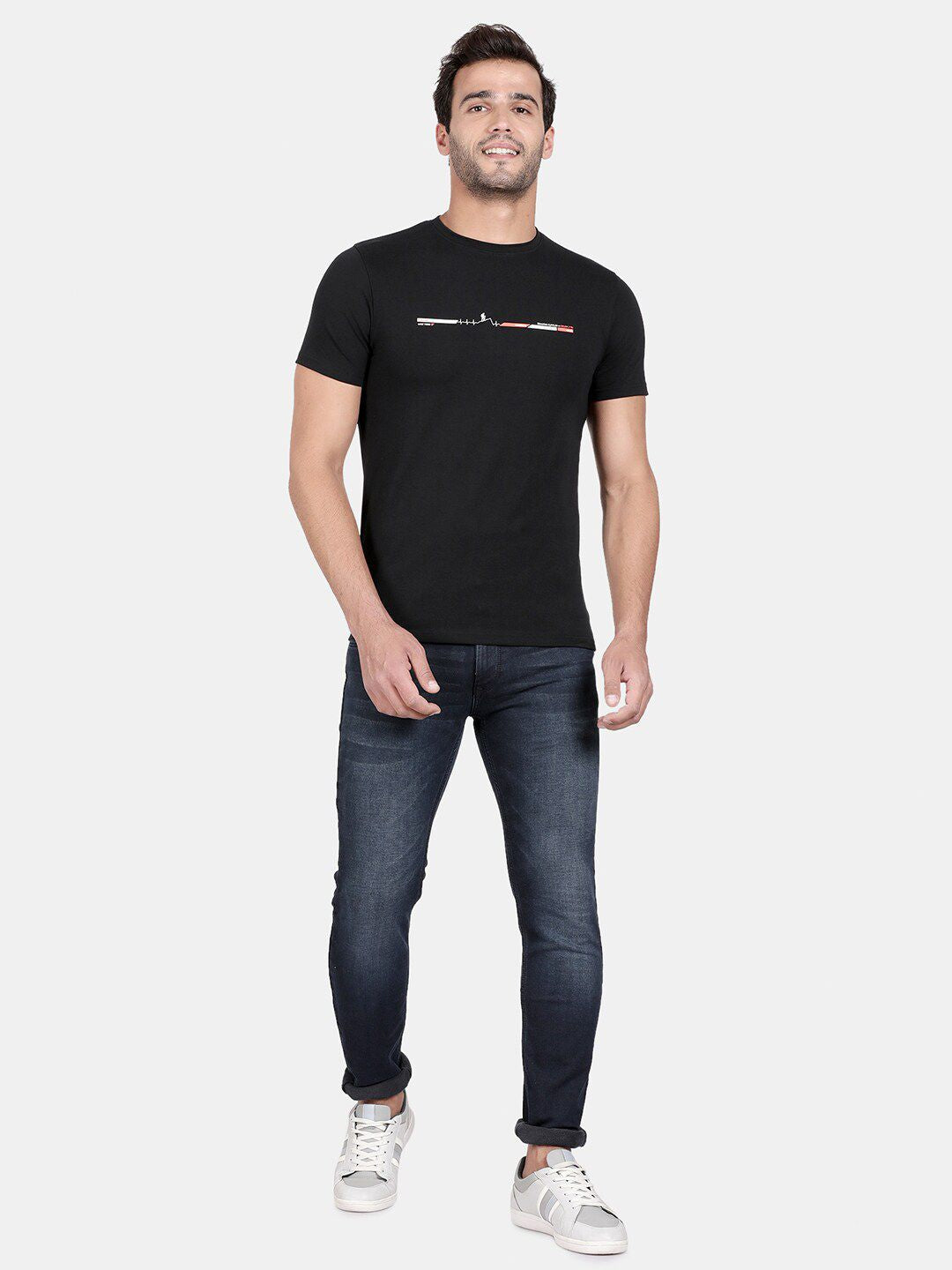 T-Base Men Black Printed Slim Fit Cotton T-Shirt