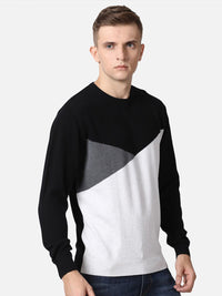 T-Base Men Black & White Colourblocked Cotton Pullover