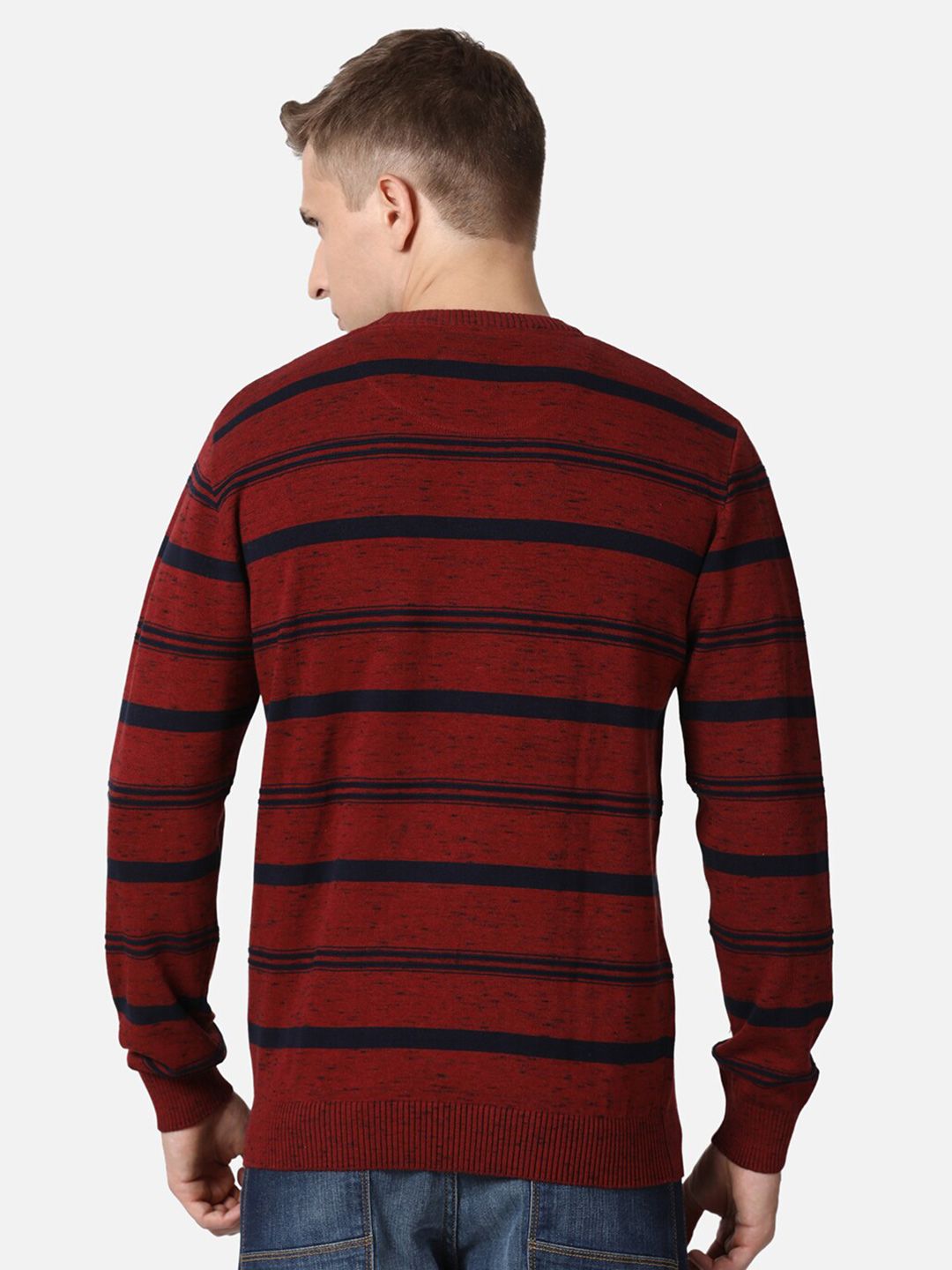 T-Base Men Red & Navy Blue Striped Cotton Pullover