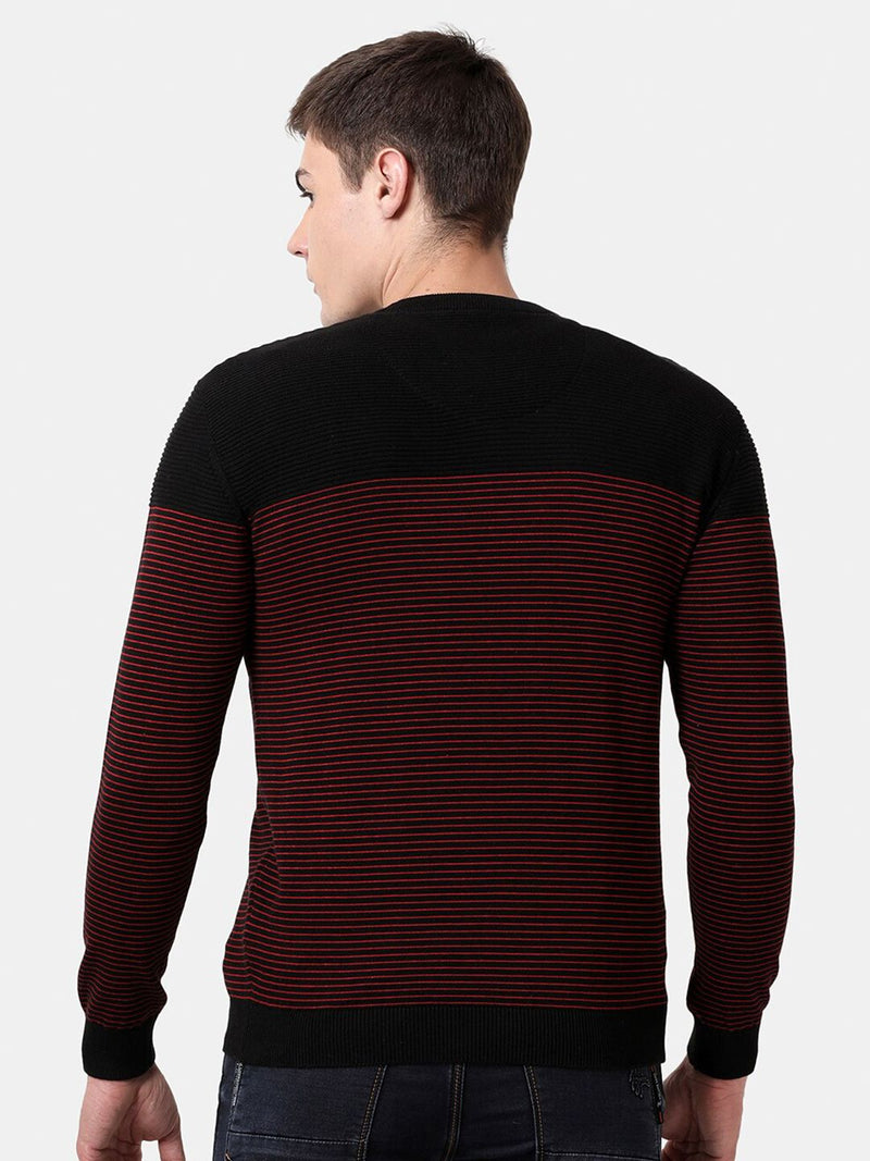 T-Base Men Black & Red Striper Cotton Crewneck Sweater