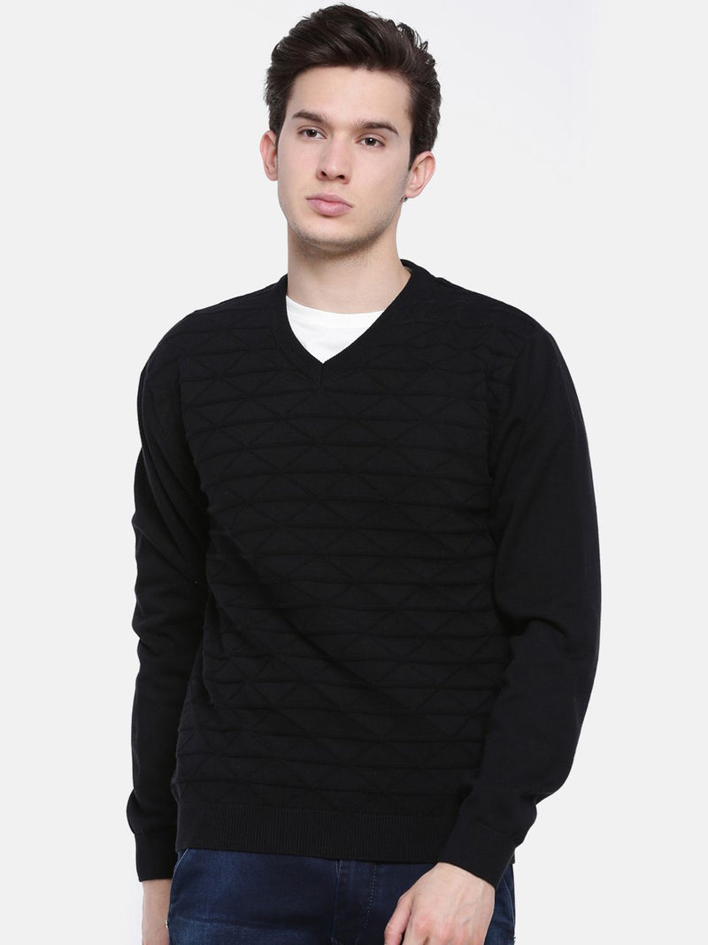 T-Base Men Black Self Design Sweater