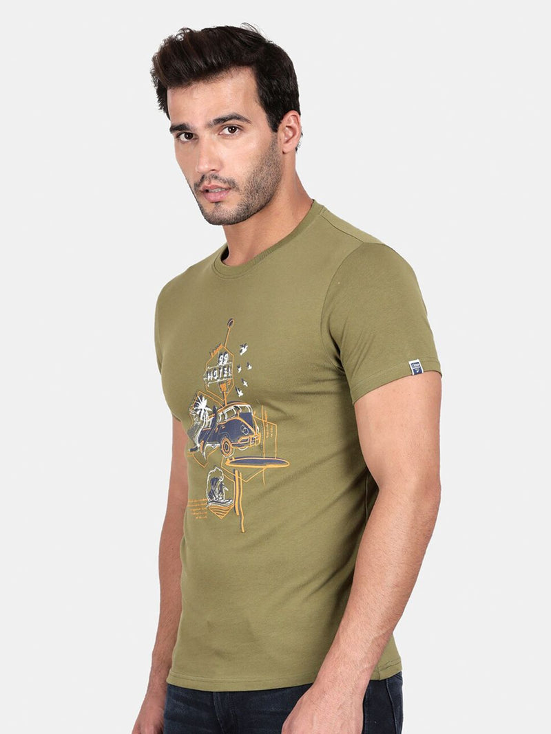 T-Base Men Green Printed T-Shirt