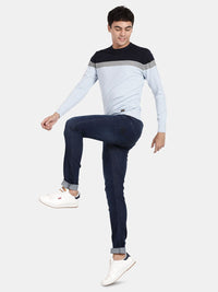 Crew Neck Full Sleeve Aqua Melange Color Blocked Pullover