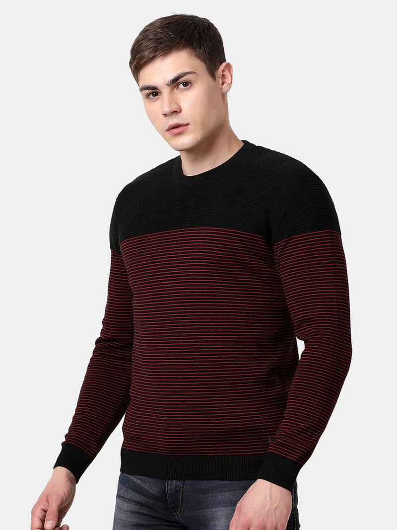 T-Base Men Black & Red Striper Cotton Crewneck Sweater