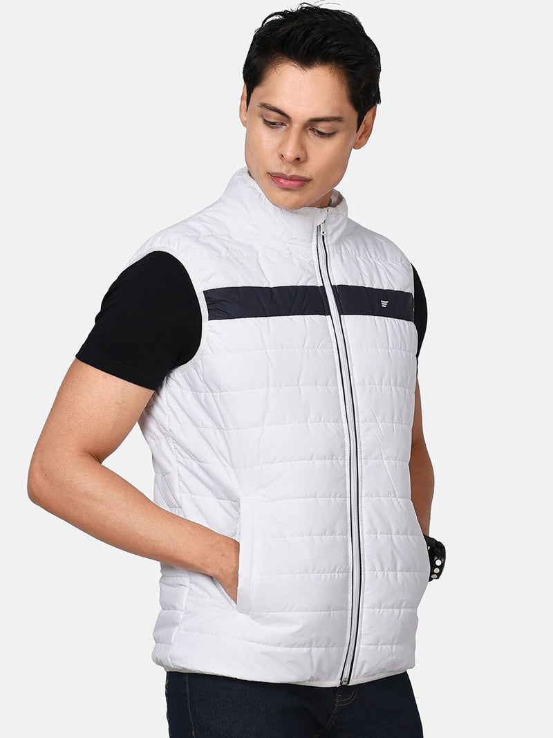 t-base Men White Black Colourblocked Lightweight Puffer Jacket