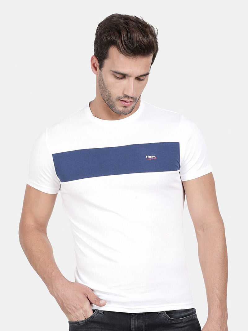 T-Base Men Off White Striped Slim Fit Cotton T-Shirt