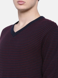 T-Base Men Blue & Maroon Striped Sweater