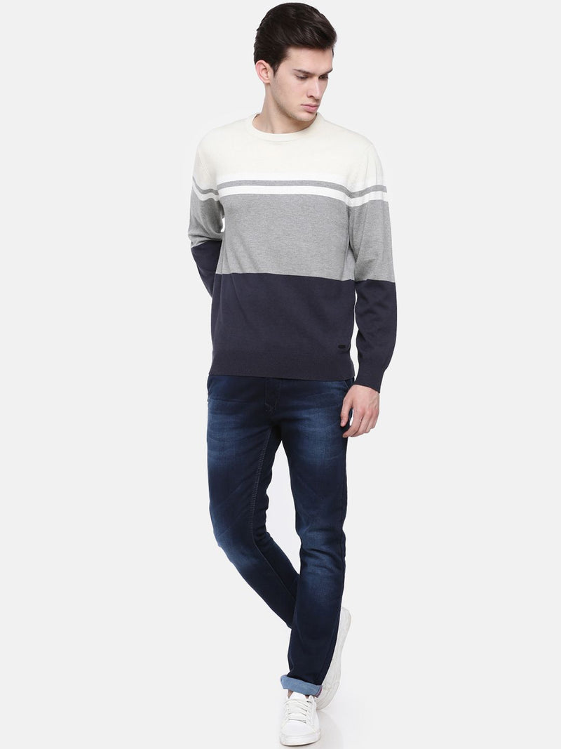 T-Base Men Off-White & Grey Colourblocked Sweater