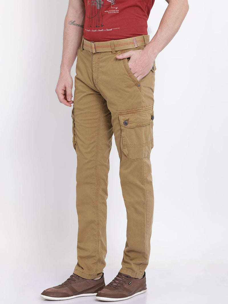 T-Base Men Khaki Brown Tapered Fit Solid Cargos