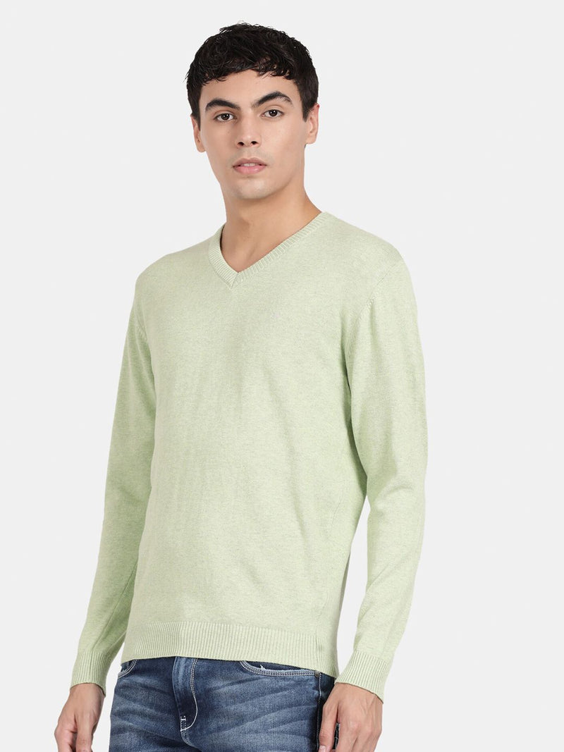 V Neck Meadow Green Melange Full Sleeve Pullover