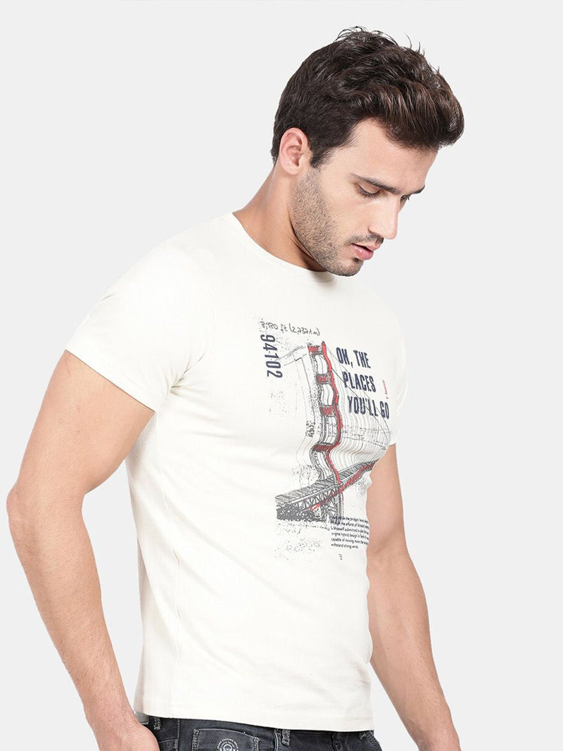 T-Base Men Beige Printed Applique T-Shirt