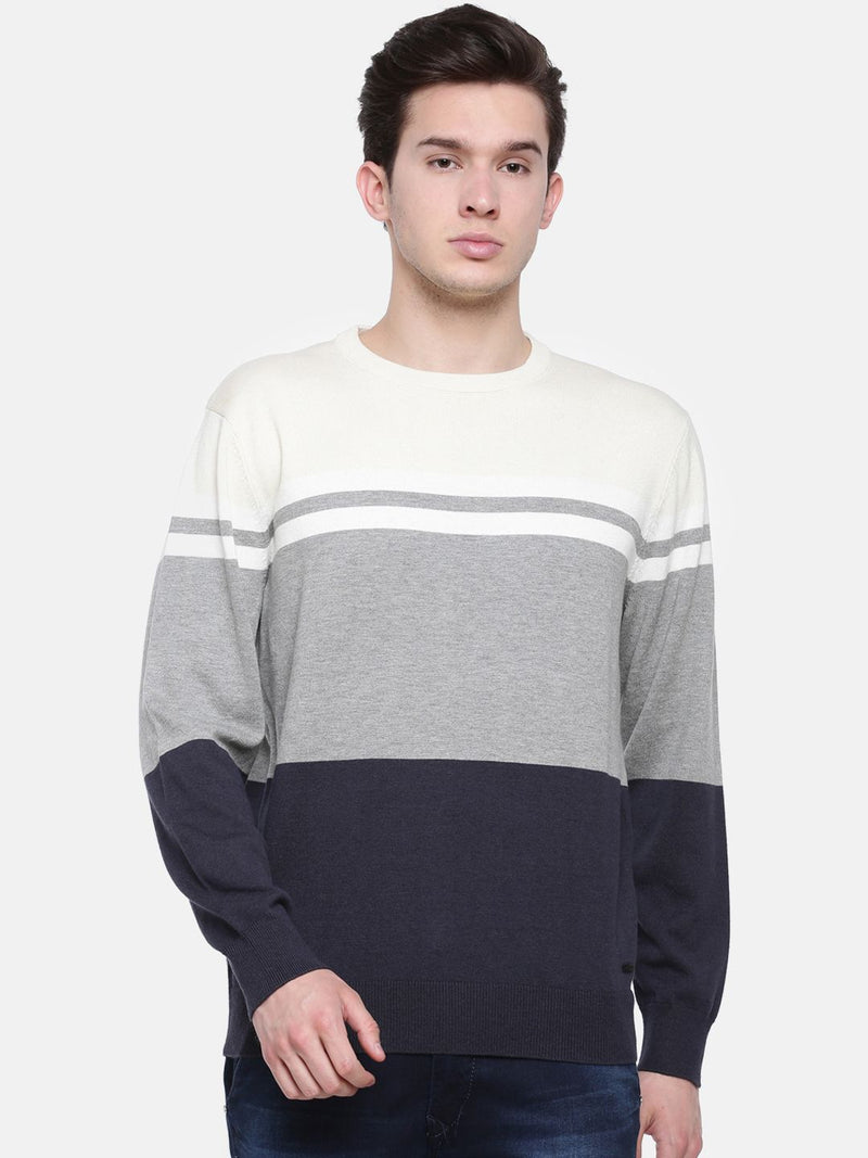 T-Base Men Off-White & Grey Colourblocked Sweater