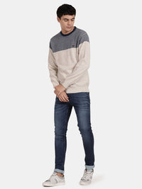 T-Base Colourblocked Round Neck Long Sleeves Woolen Pullover Sweater