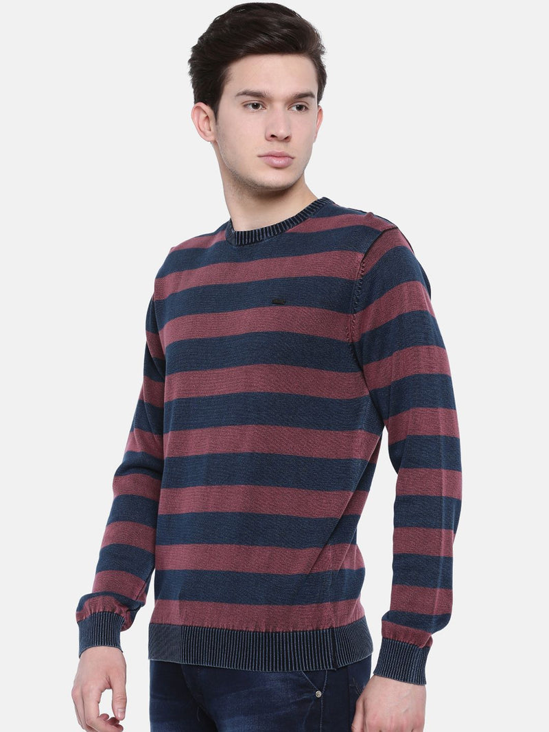 T-Base Men Blue & Maroon Striped Sweater