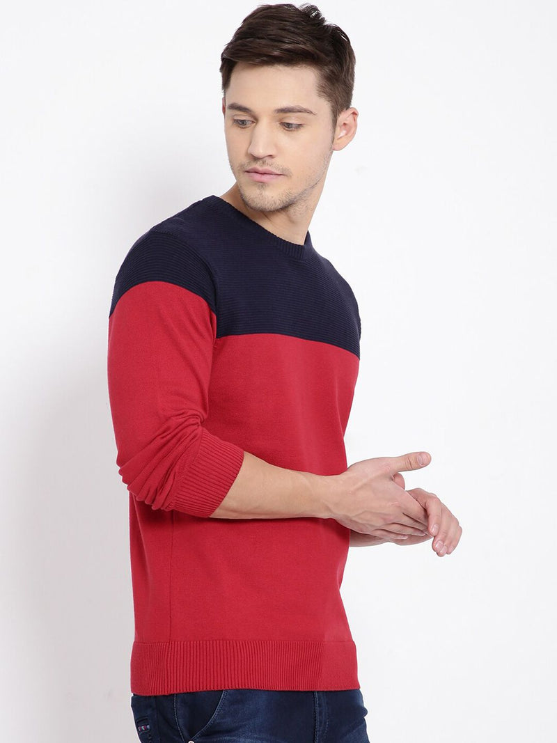 T-Base Men Red & Navy Blue Colourblocked Pullover Sweater