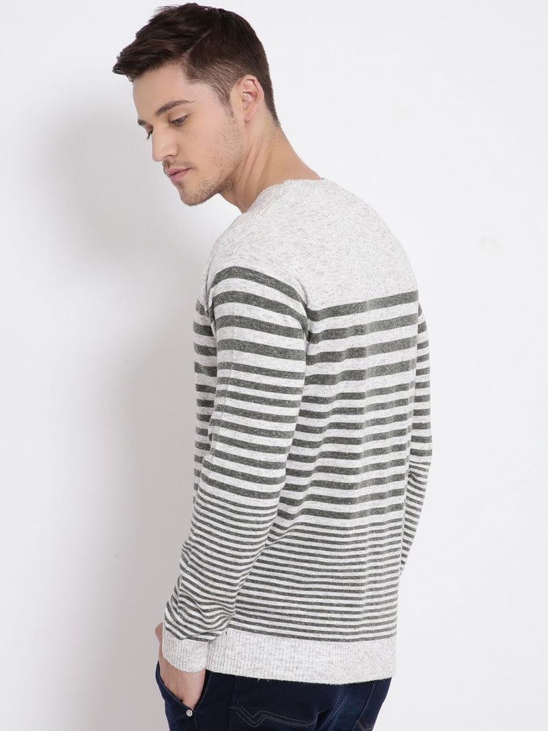 T-Base Men Olive Green & Off-White Striped Pullover Sweater