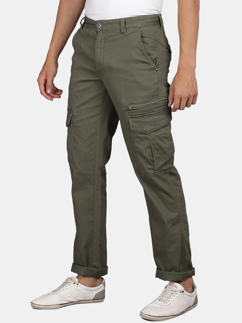 T-Base Men Mid-Rise Flat-Front Plain Zip Cotton Cargos Trouser