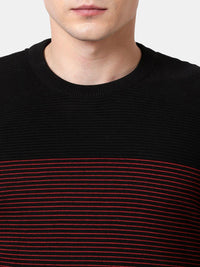 T-Base Men Black & Red Striper Cotton Crewneck Sweater