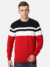 T-Base Men Red & White Colourblocked Cotton Pullover