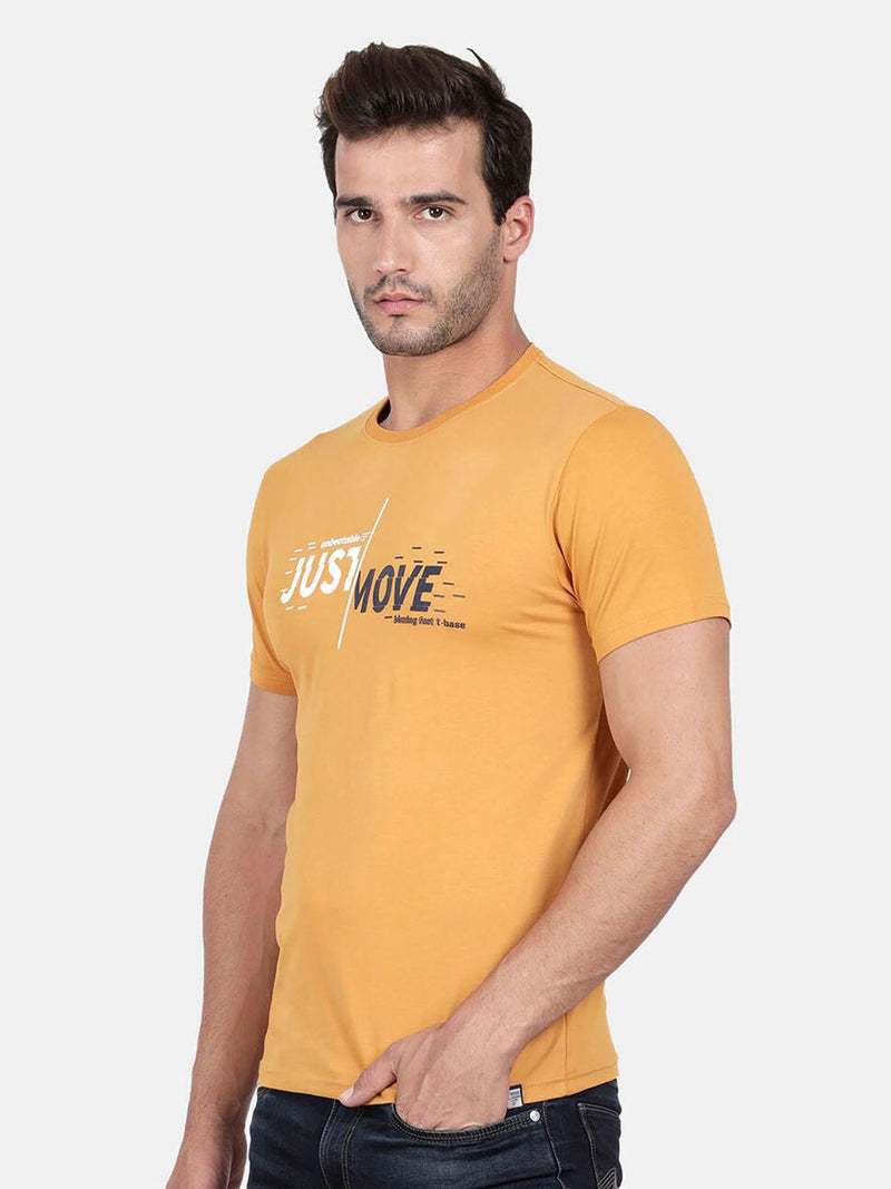 T-Base Men Yellow & Mellow Apricot Typography Printed Raw Edge T-Shirt