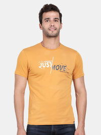 T-Base Men Yellow & Mellow Apricot Typography Printed Raw Edge T-Shirt