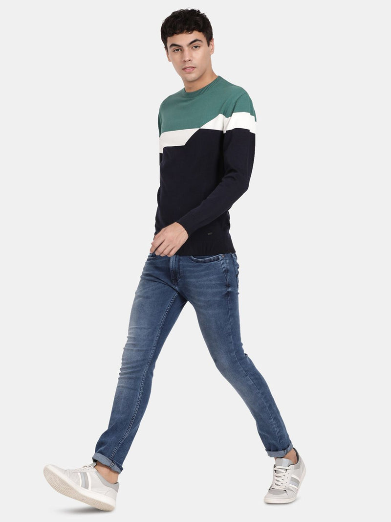 T-Base Colourblocked Round Neck Cotton Pullover Sweater