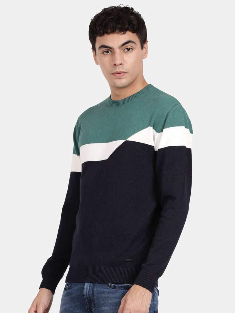 T-Base Colourblocked Round Neck Cotton Pullover Sweater