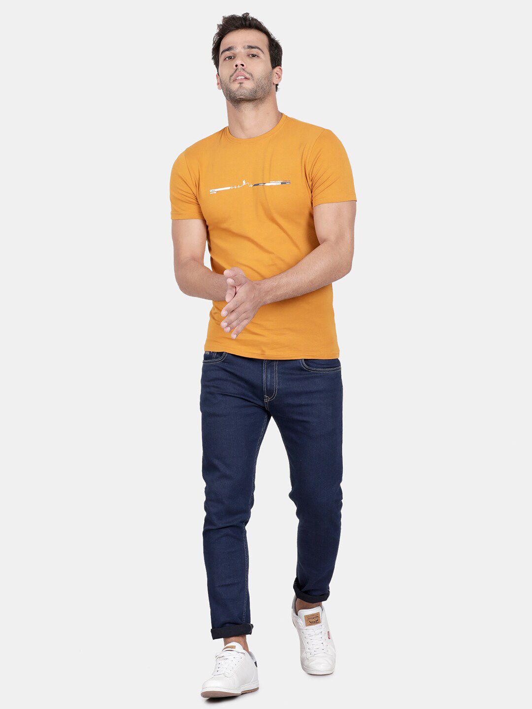 T-Base Men Yellow Striped Slim Fit Cotton T-Shirt