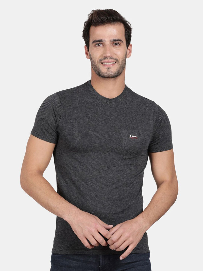 T-Base Men Black Striped Slim Cotton Fit T-Shirt