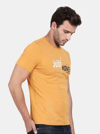 T-Base Men Yellow & Mellow Apricot Typography Printed Raw Edge T-Shirt