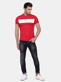 T-Base Men Red Colourblocked Slim Fit Cotton T-Shirt