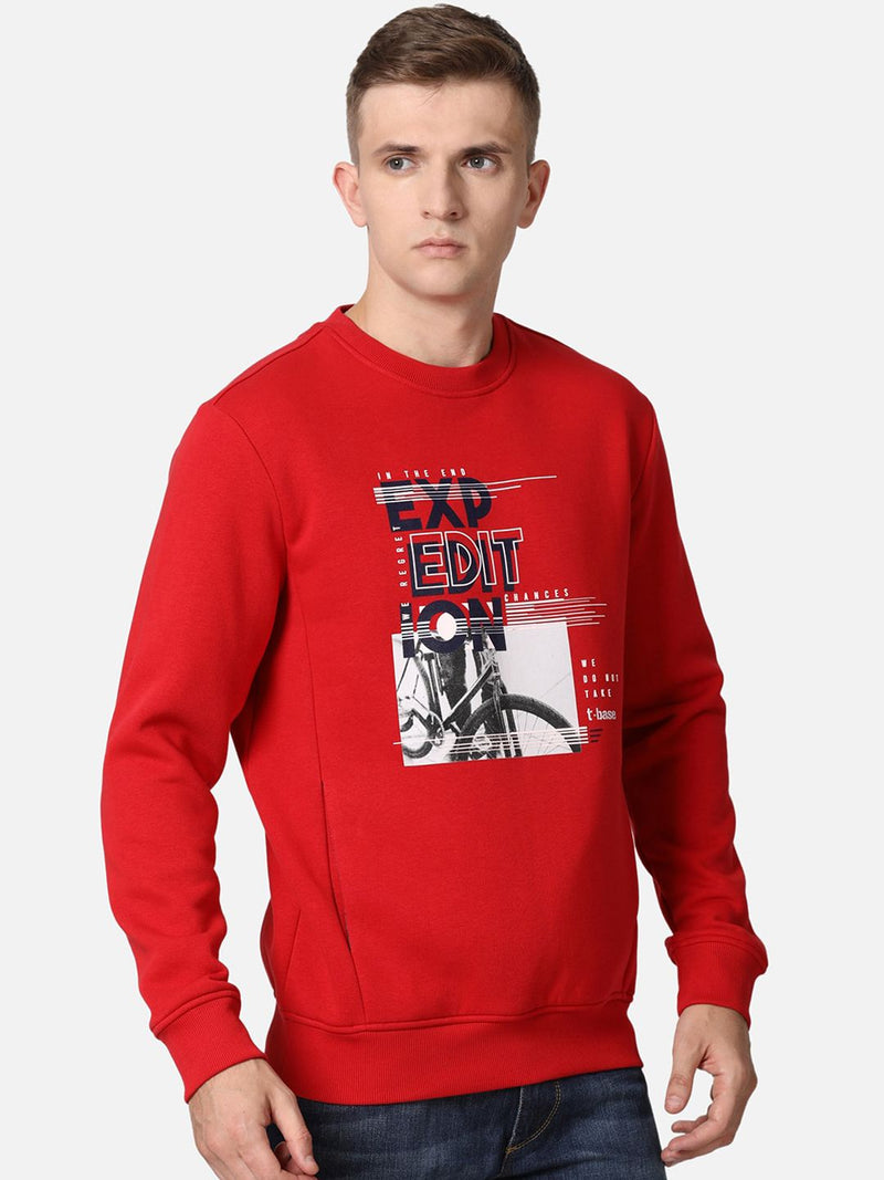 T-Base Men Red Graphic Printed Cotton Pullover Sweatshirt