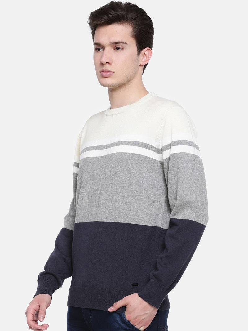 T-Base Men Off-White & Grey Colourblocked Sweater