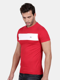 T-Base Men Red Colourblocked Slim Fit Cotton T-Shirt