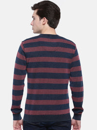 T-Base Men Blue & Maroon Striped Sweater