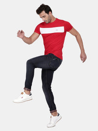 T-Base Men Red Colourblocked Slim Fit Cotton T-Shirt