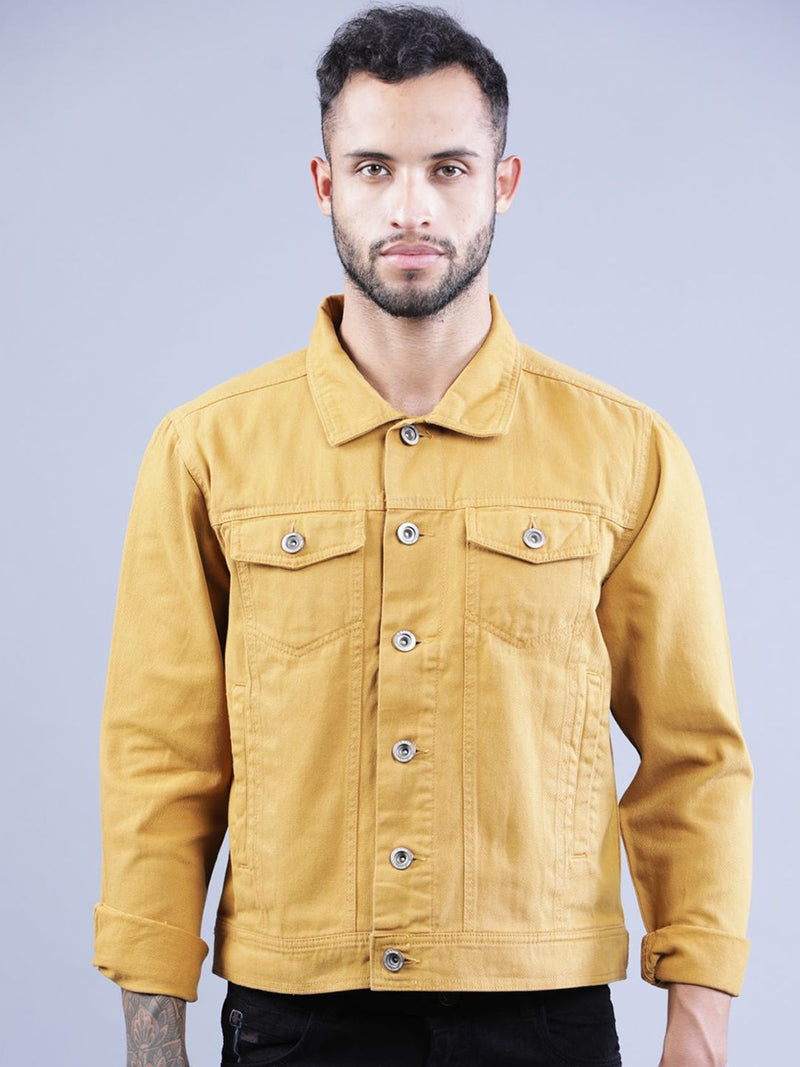 t-base Men Mustard Solid Denim Jacket