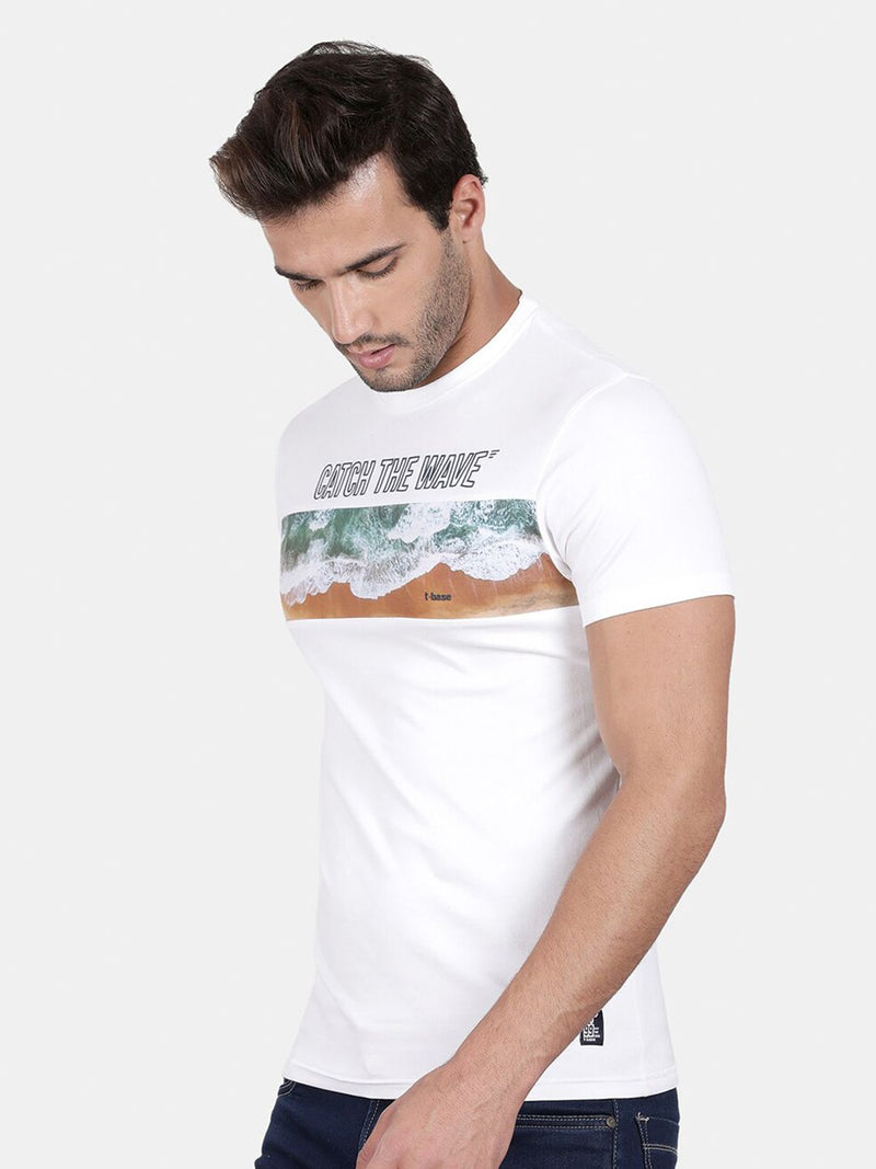 T-Base Men Off White Printed Cotton T-Shirt