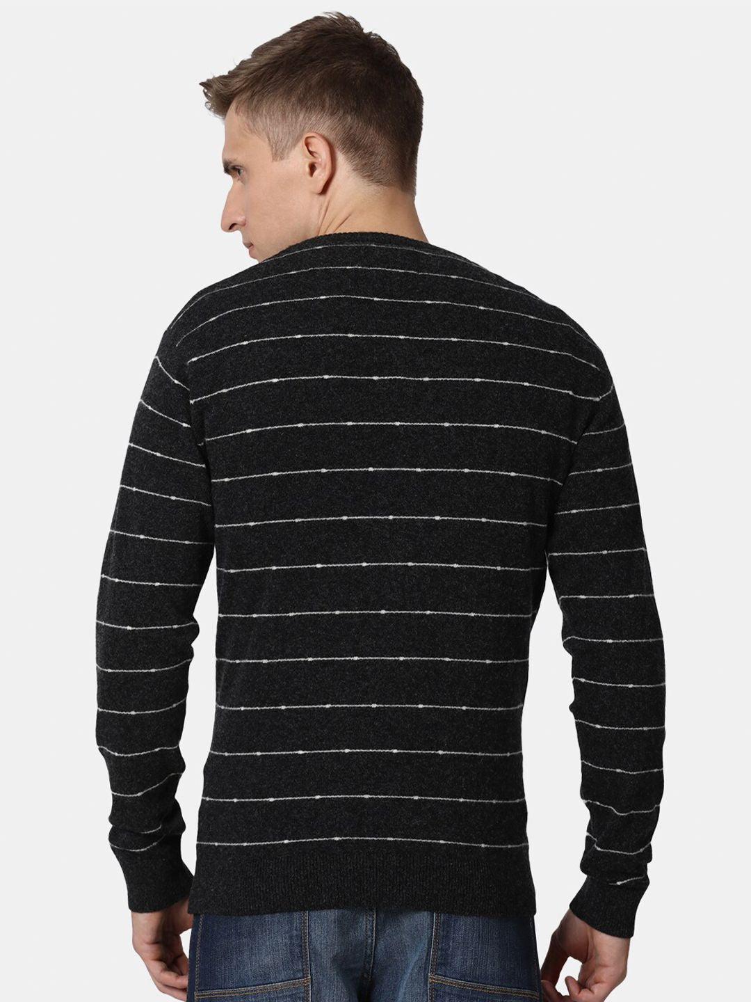 T-Base Men Black & White Striped Woolen Pullover