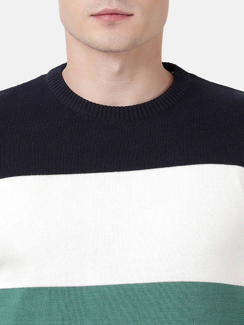 T-Base Men Green & Black Colourblocked Striped Pullover