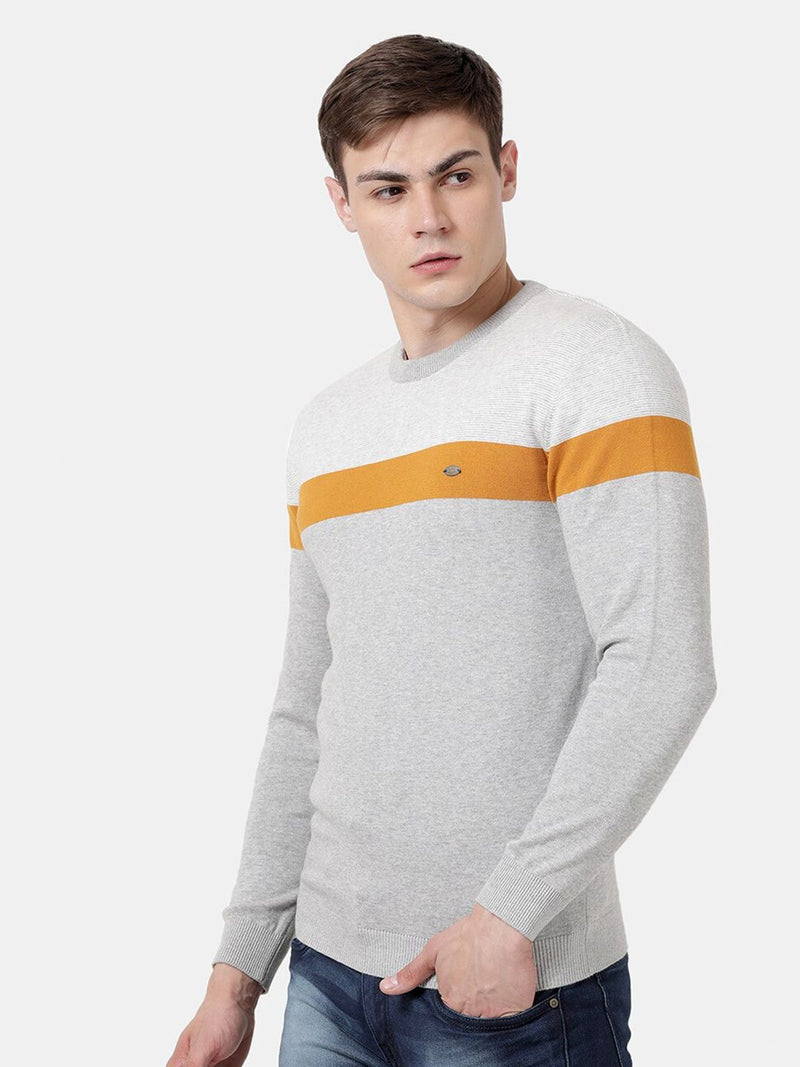 T-Base Men Grey & Orange Striped Pullover