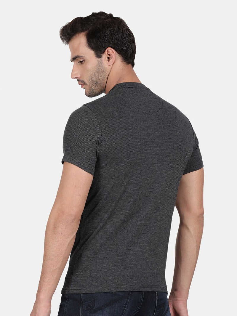 T-Base Men Black Striped Slim Cotton Fit T-Shirt