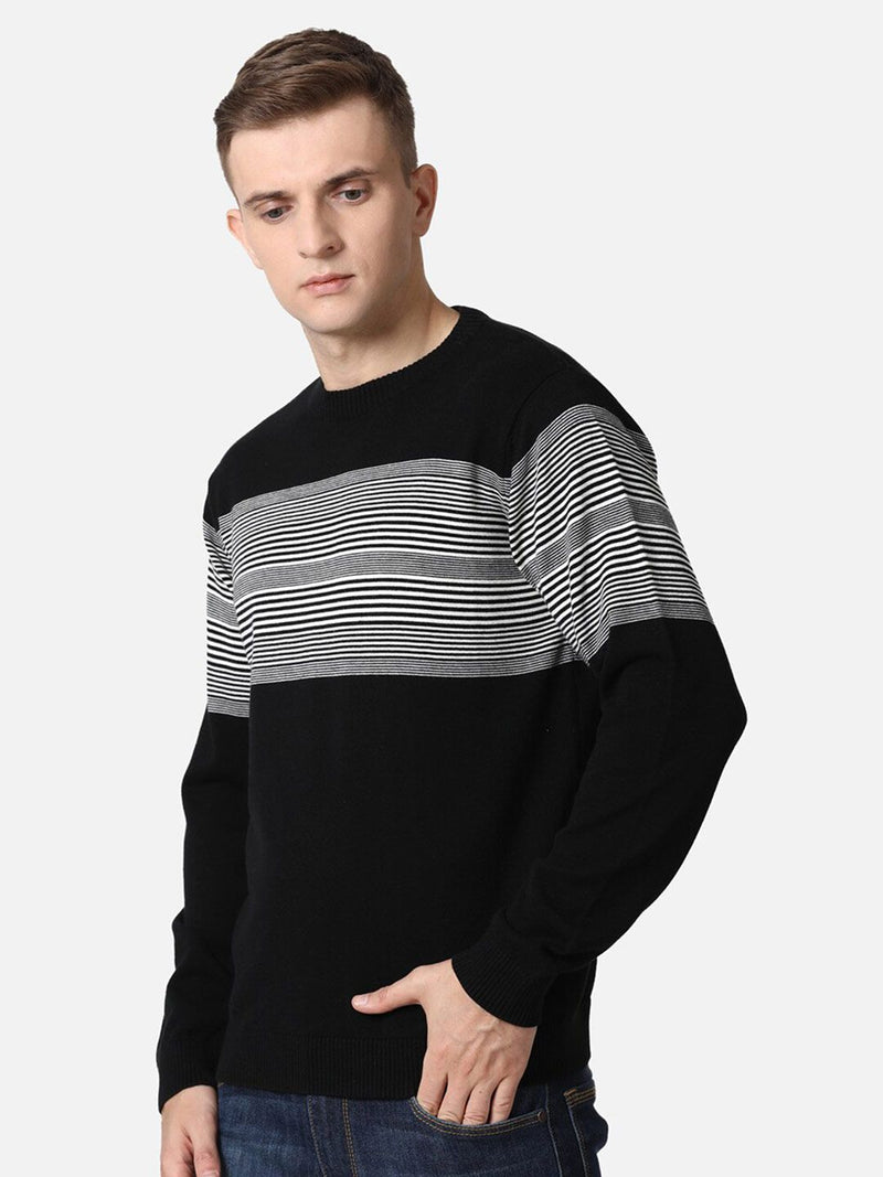 T-Base Men Black & White Striped Pure Cotton Pullover