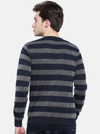 T-Base Men Navy Blue & Grey Striped Sweater